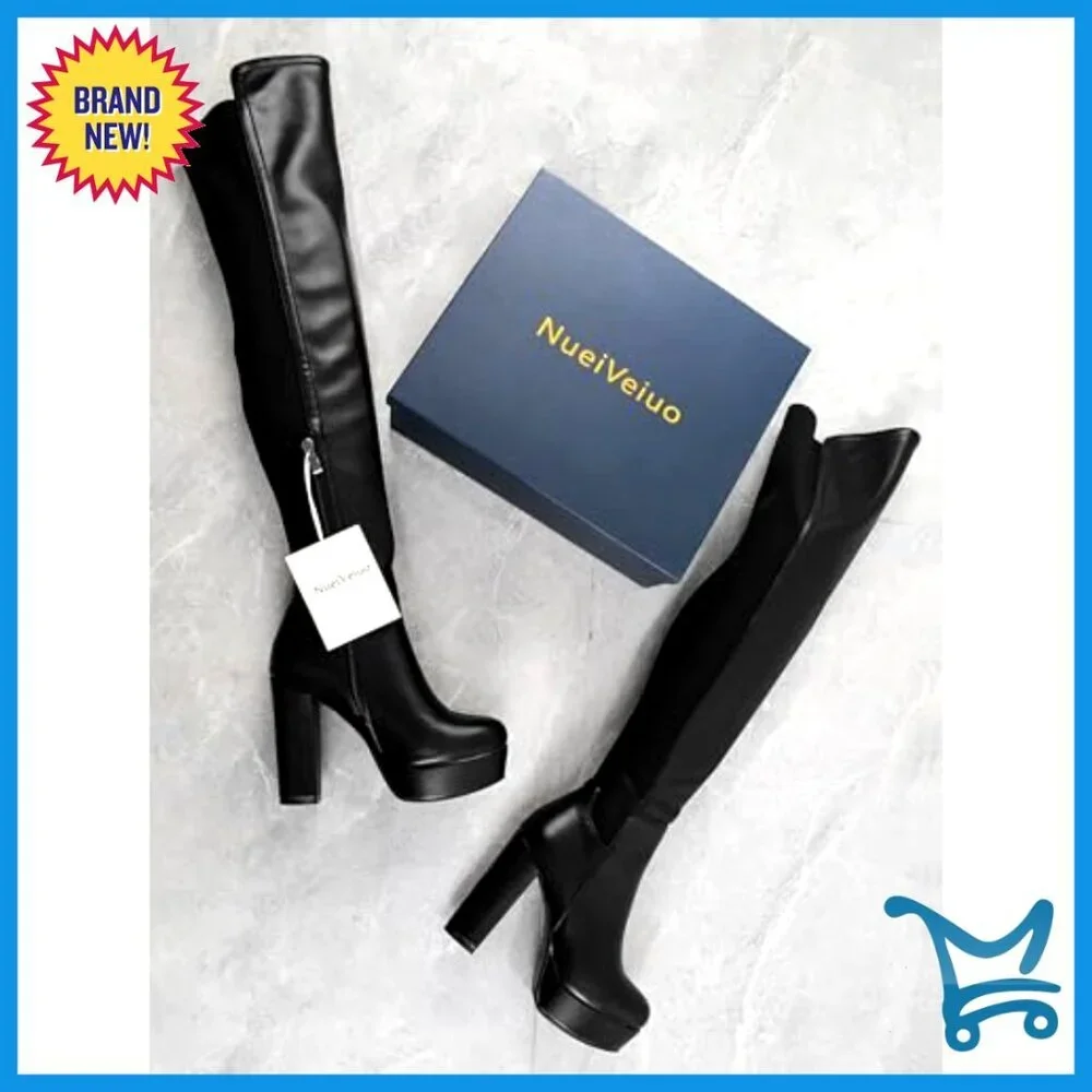 Thigh High Boots Chunky Heel Side Zipper Over-the-Knee
